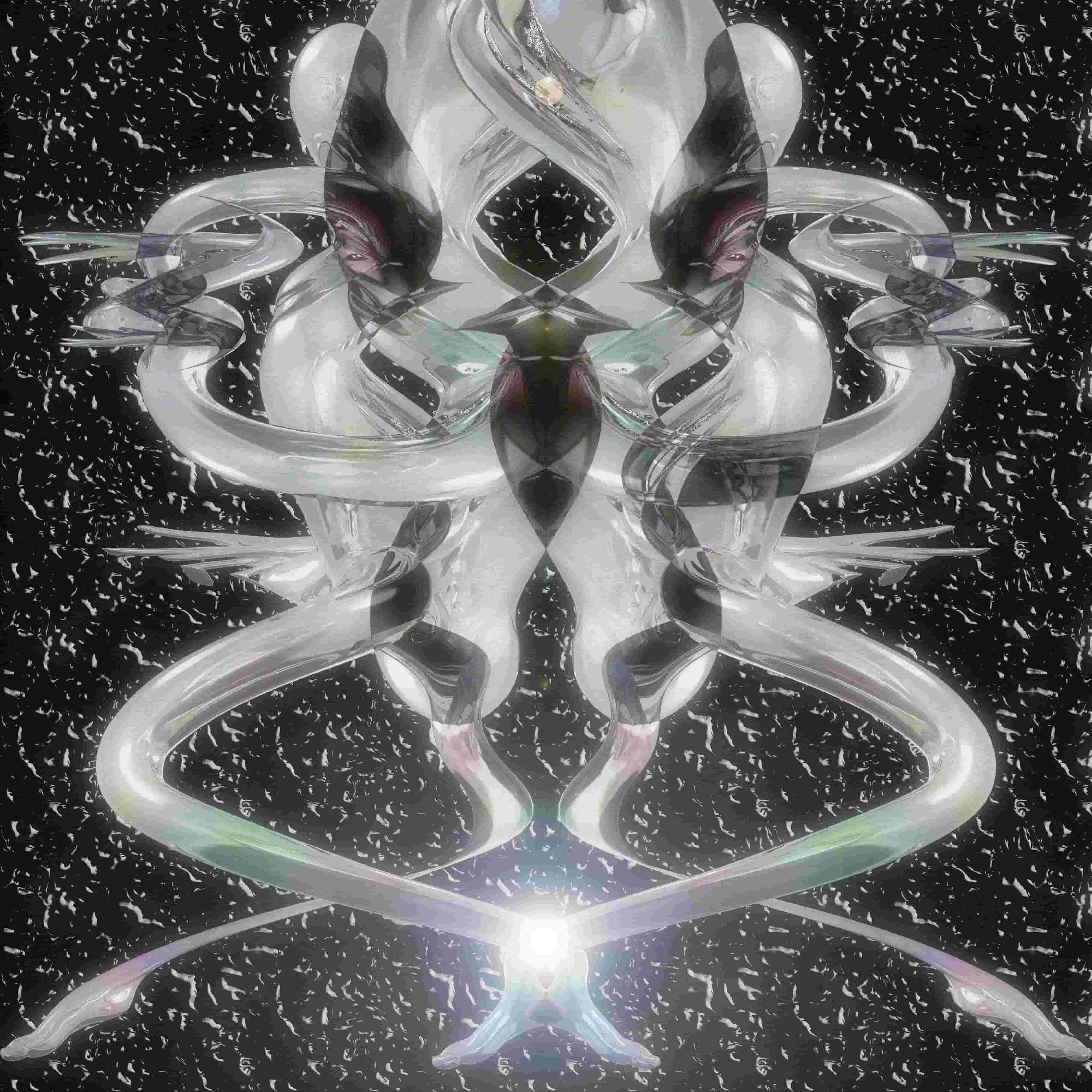 intersecting symmetrical humanoid metallic figures