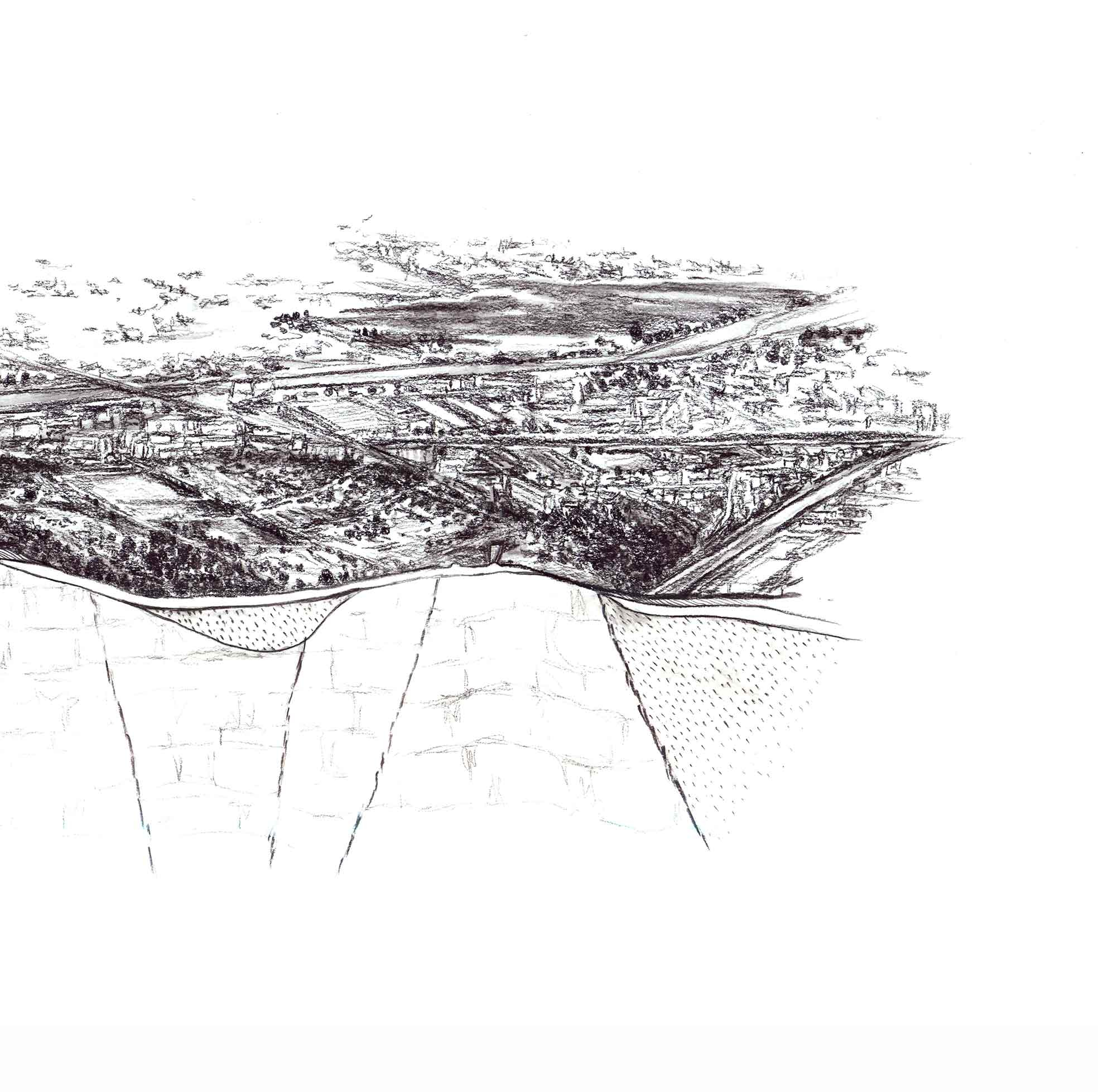 Zoom in of Isometric charcoal section drawing through the city of Krakow, Poland