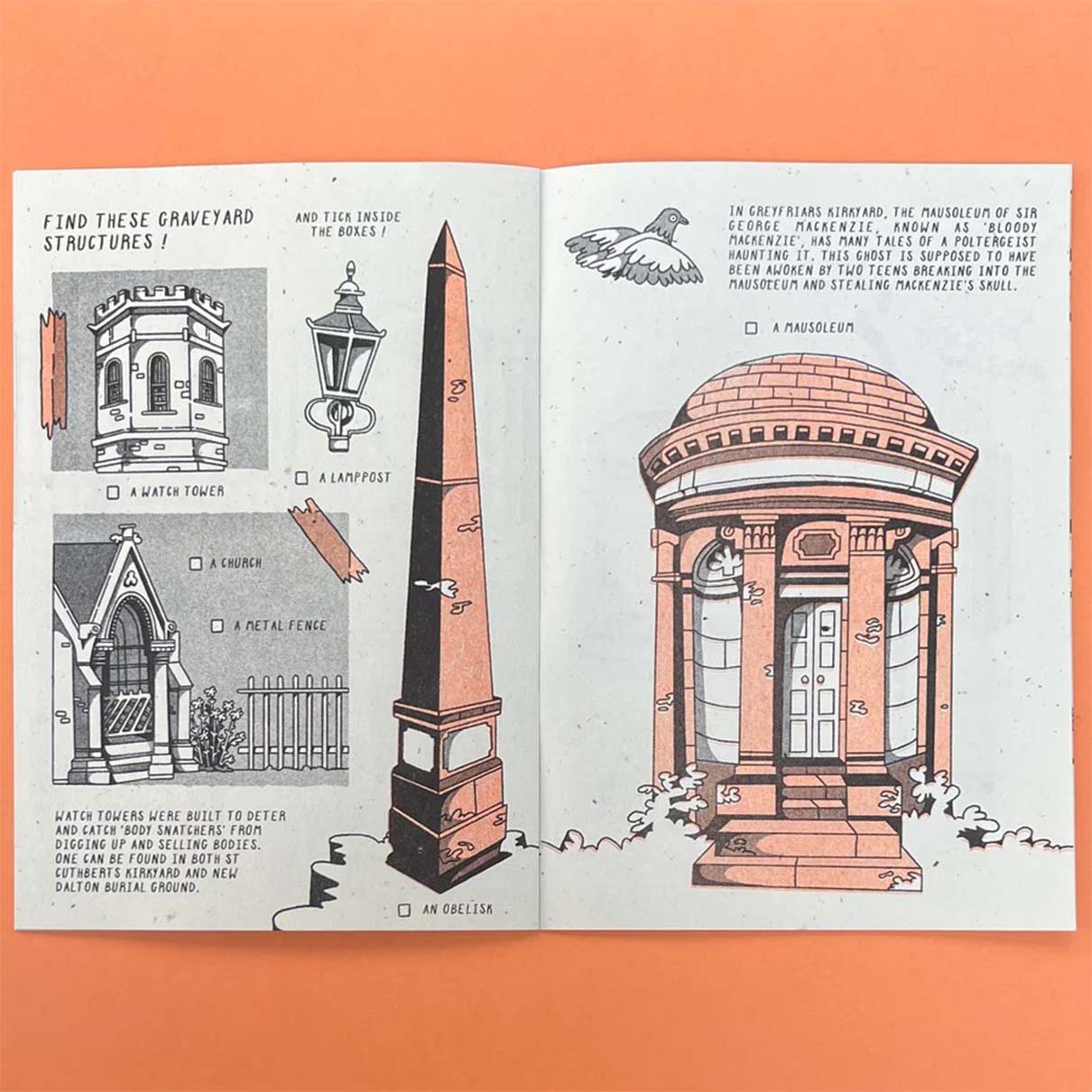 inside page of a zine depicting elements of a graveyard in orange and black riso ink. including a mausoleum, an obelisk, a pigeon, a church