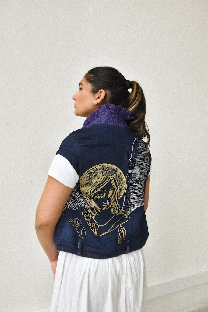collaged jacket with sparkly angel print