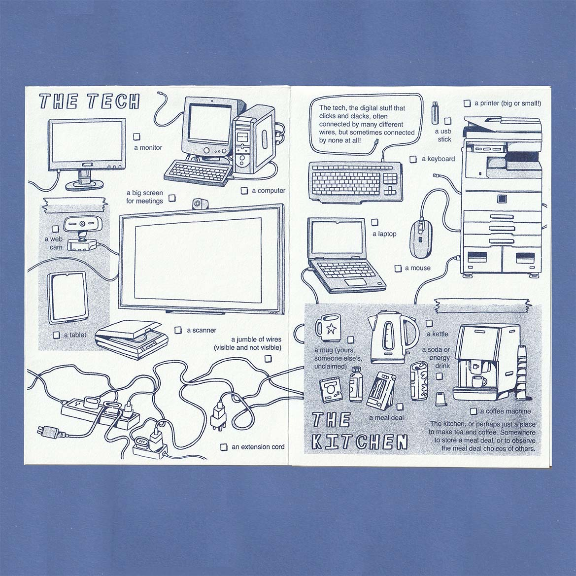 page of a zine printed with blue ink depicting various tech elements of an office such as wires, laptop, printer, keyboard and computer