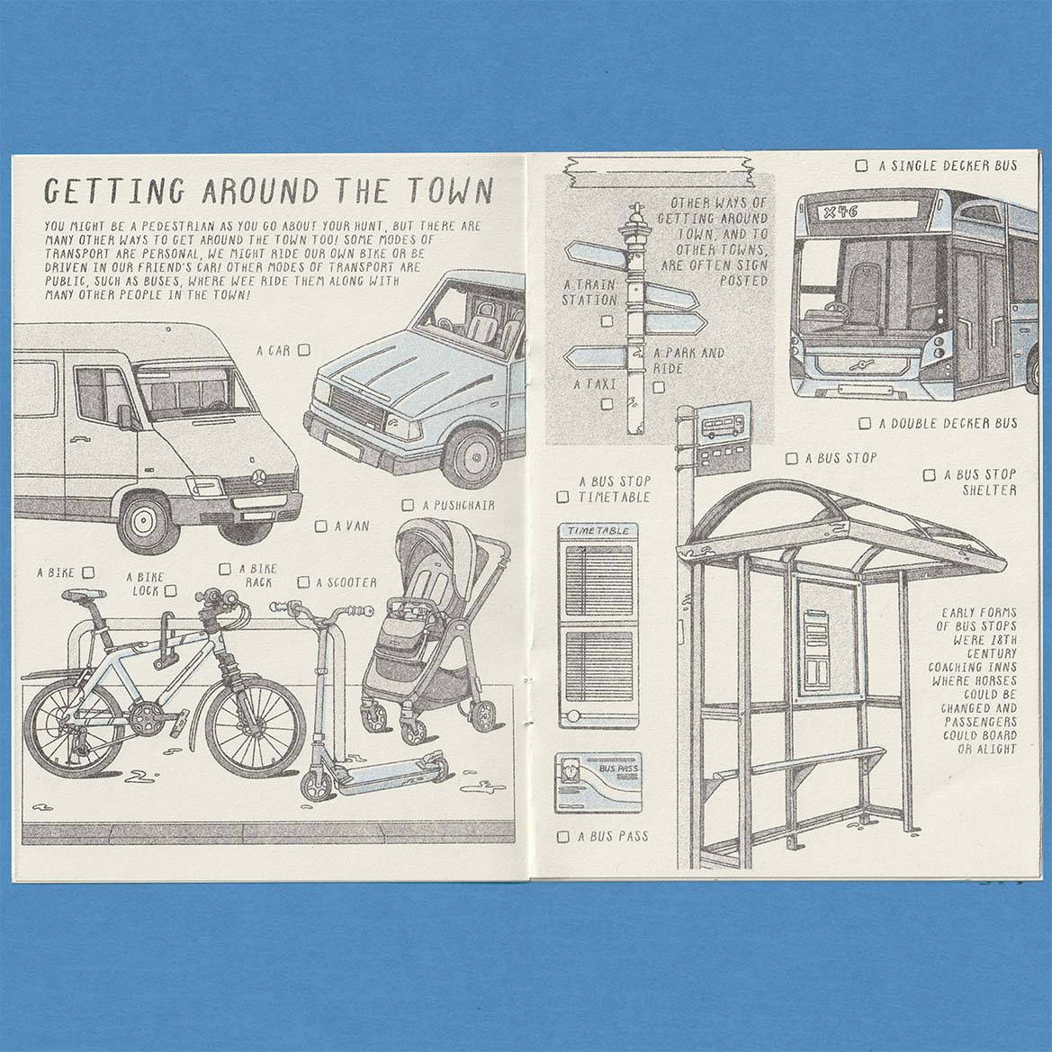 inside page of a zine depicting various modes of transport in blue and black risograph ink. including car, van, bike, bus