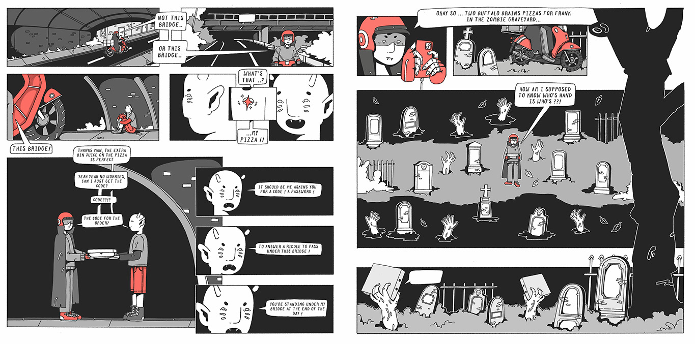 two collated comic pages in grayscale with red highlights. page 1 depicts a vampire delivering pizza to a goblin, page 2 depicts a vampire delivering pizza to a zombie