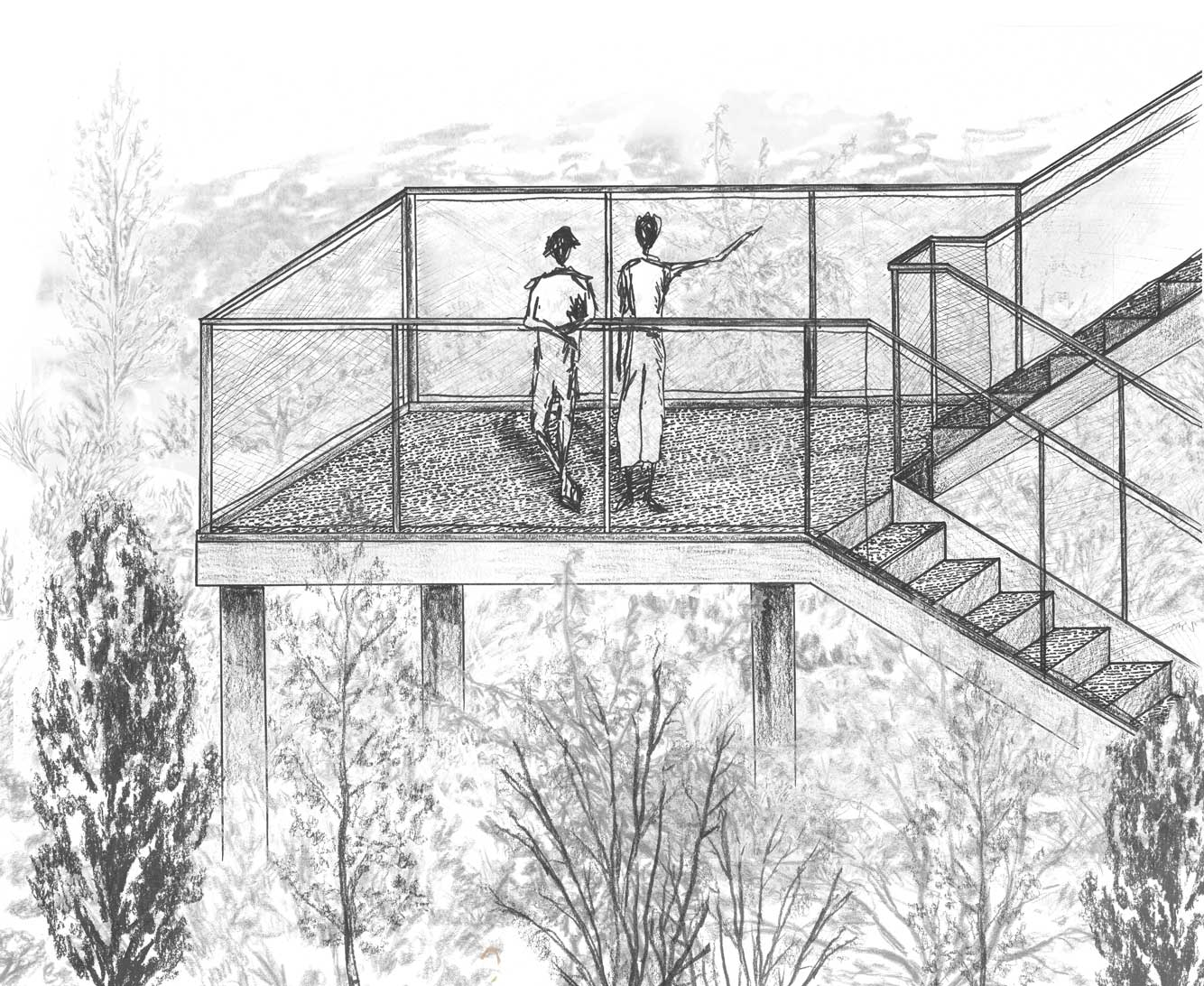 Drawing of metal viewing platform structure amongst vegetation. 