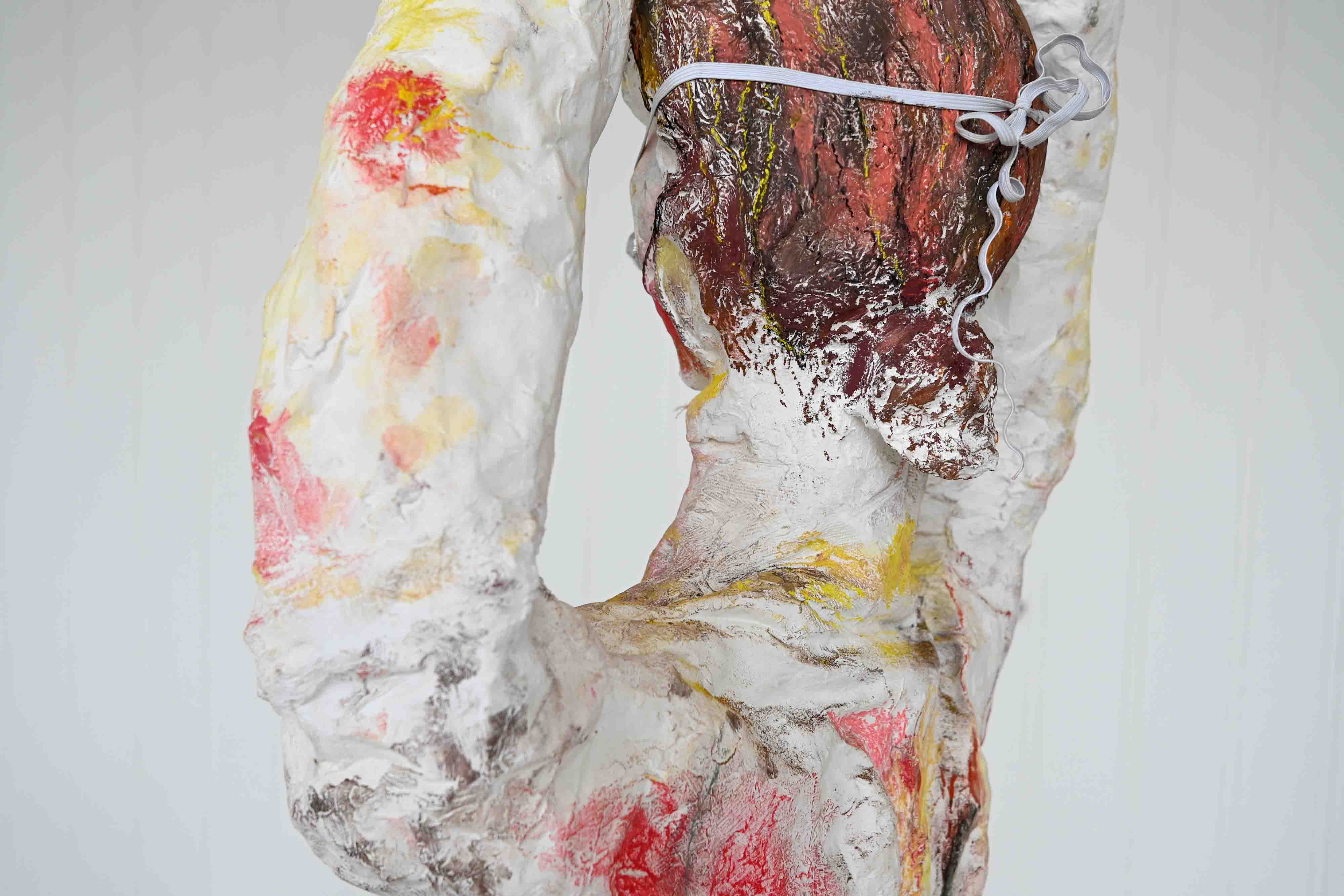 Erin Ridgway, Nipples Like Raisins, Bum Like a Belgian Bun, 2026, plaster, chalk, tulle, pewter, metal, 2,700mm x 490mm, Edinburgh.