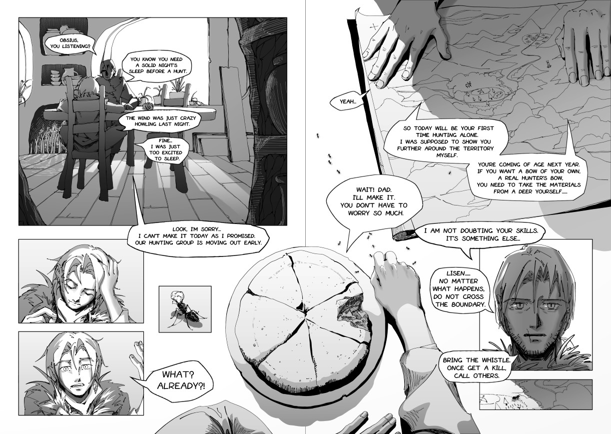 In these two pages, I created a double-page spread to enrich the composition and echo the positions of the two characters. I also used different lighting on their close-up shots to suggest that they have different attitudes towards crossing the boundary, foreshadowing the moment when the protagonist eventually crosses it.