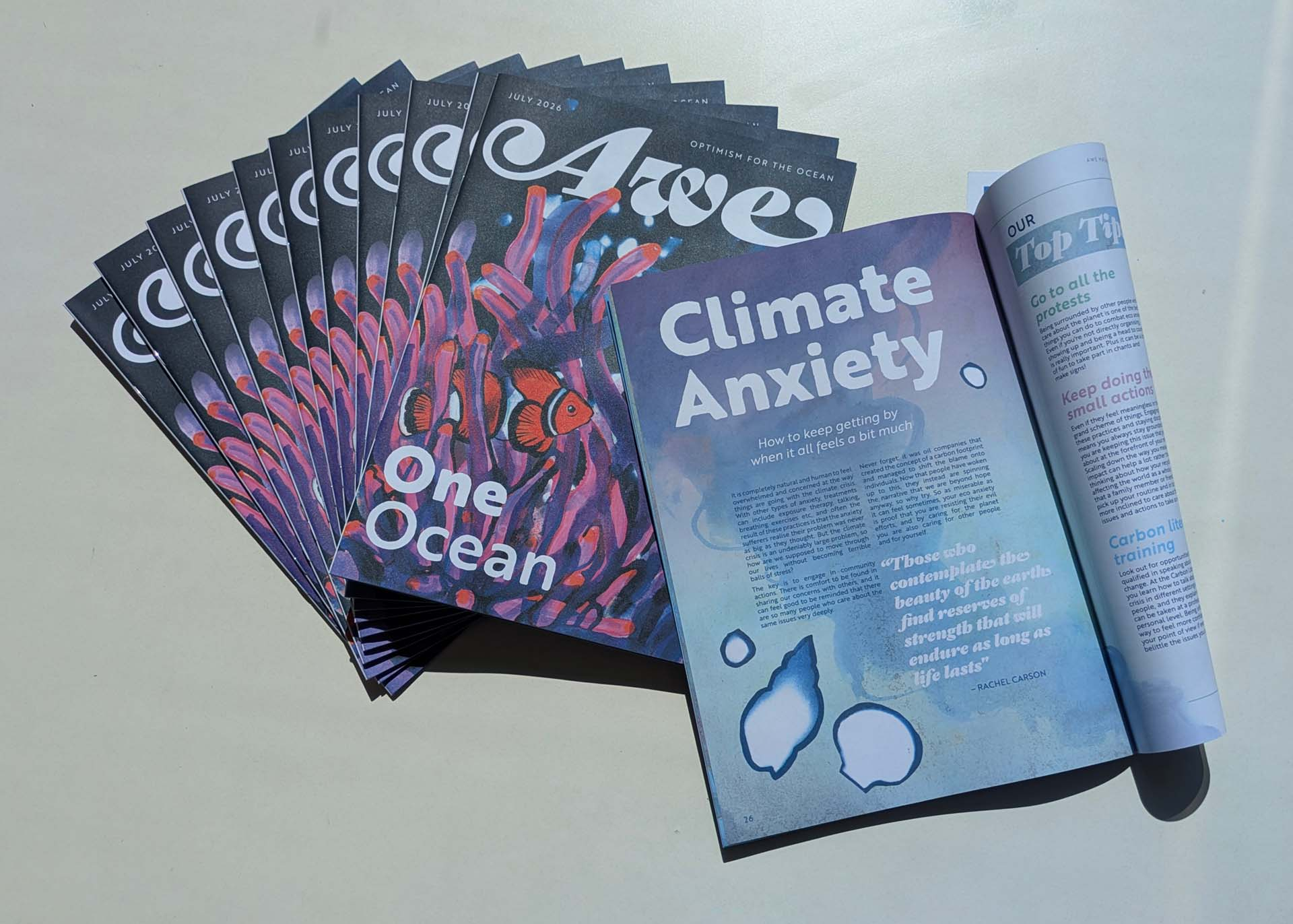 Magazine spread out with climate anxiety article highlighted