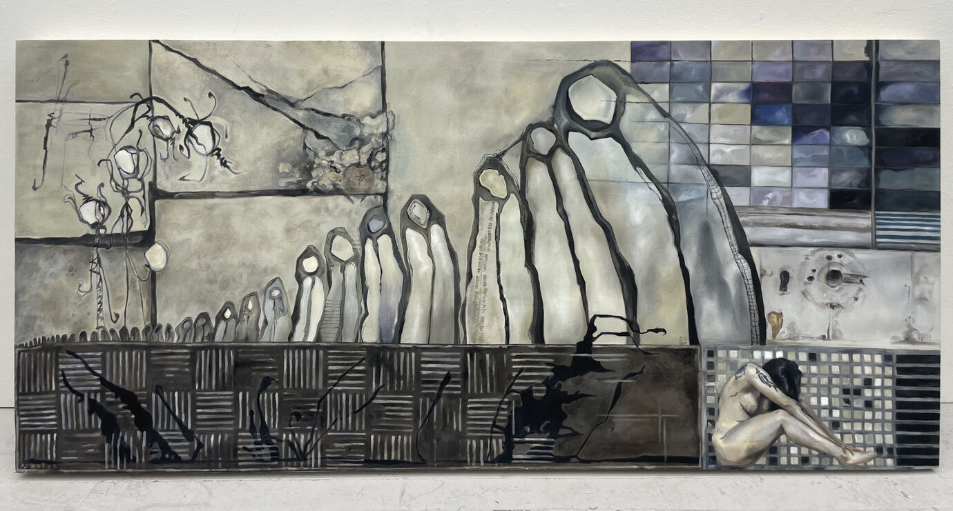 Oil painting on canvas with muted palate depicting urban motifs combining and overlaying.