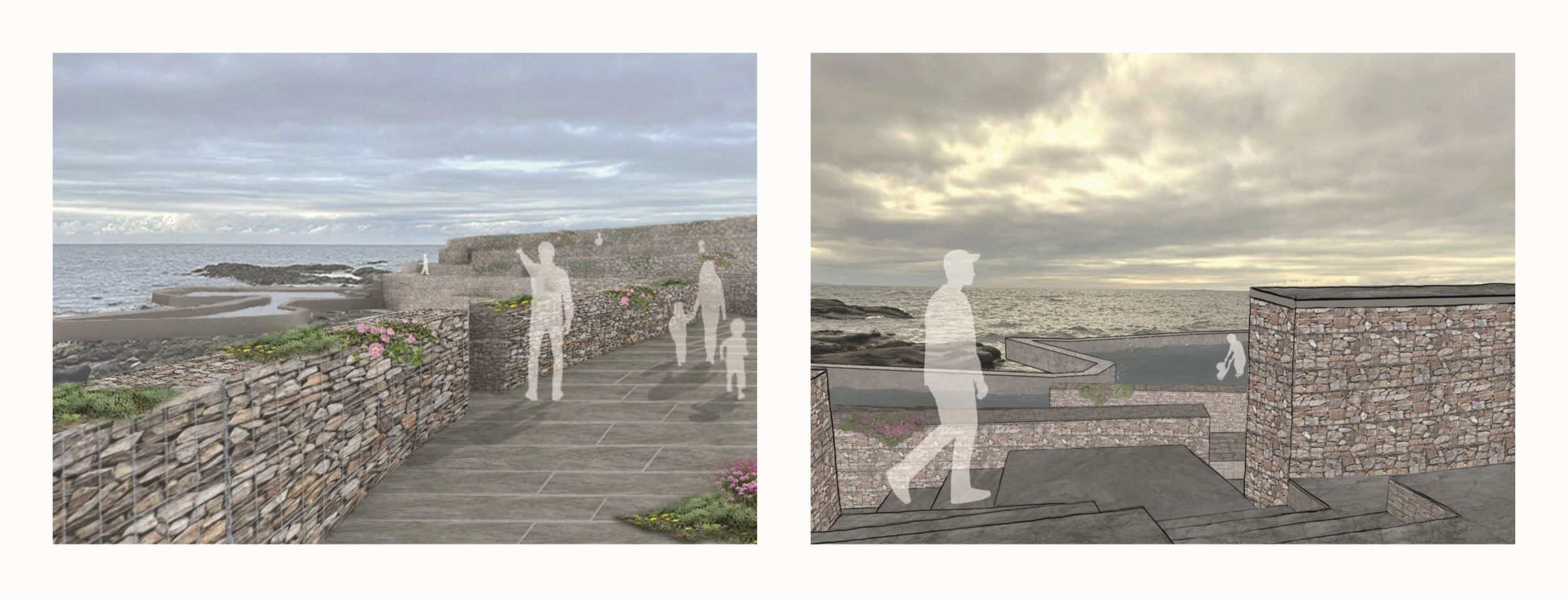 2 visuals of tidal walkway and view from seating to tidal pool.