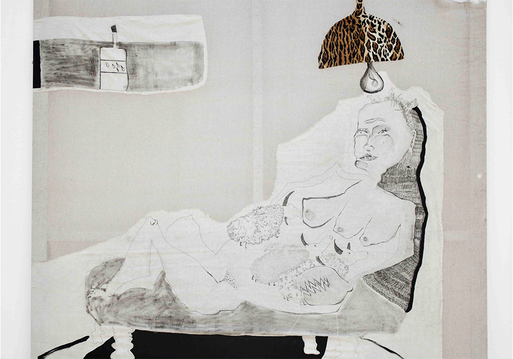 A large monoprint of a person breastfeeding sheep 
