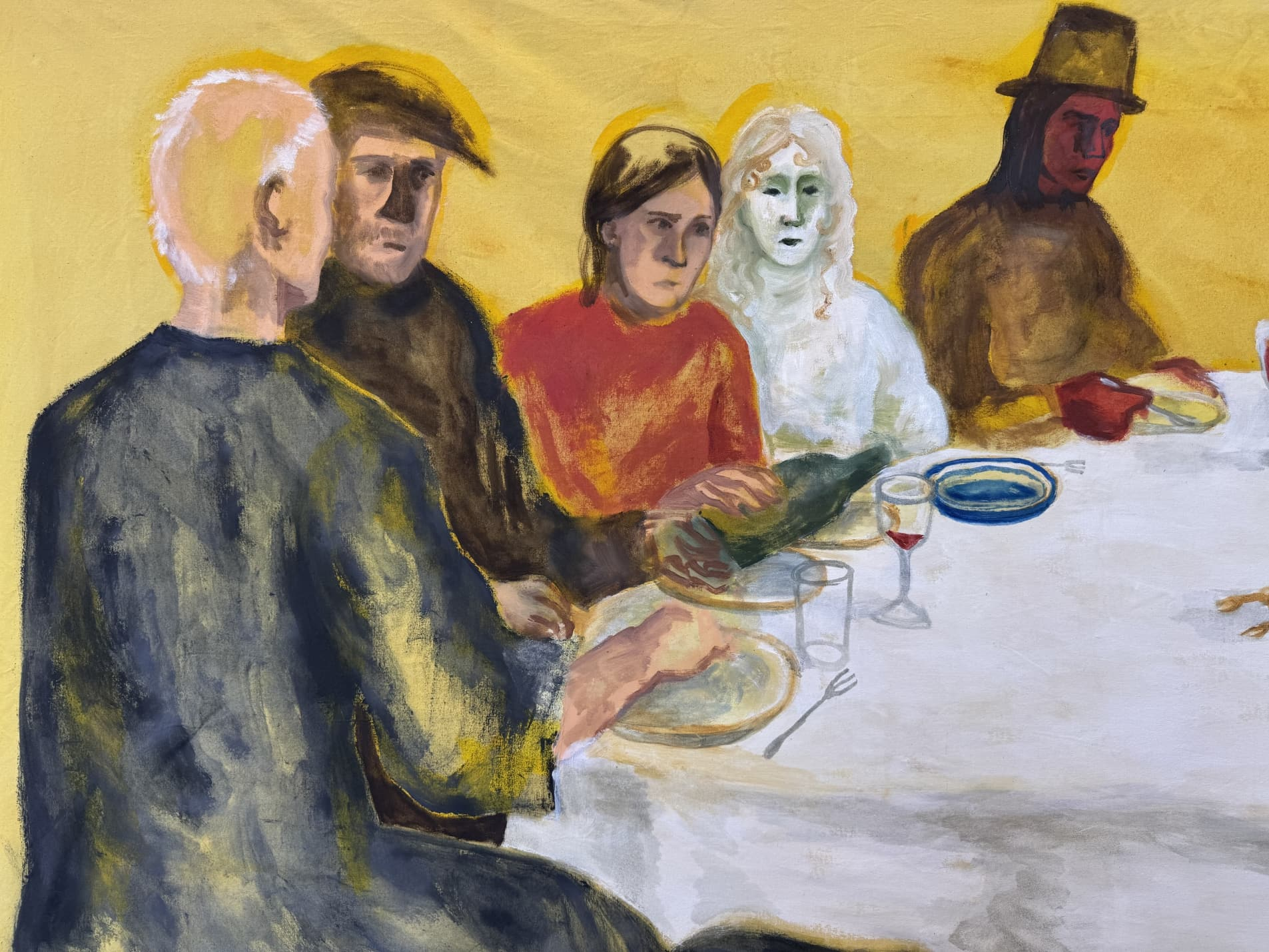 Awkward Dinner, oil on calico