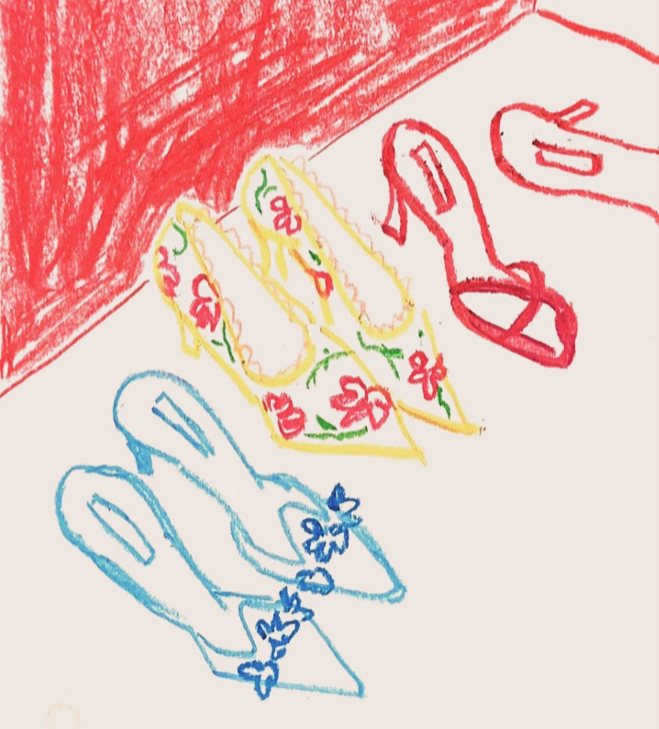 colourful pastel drawing of high heels in a row