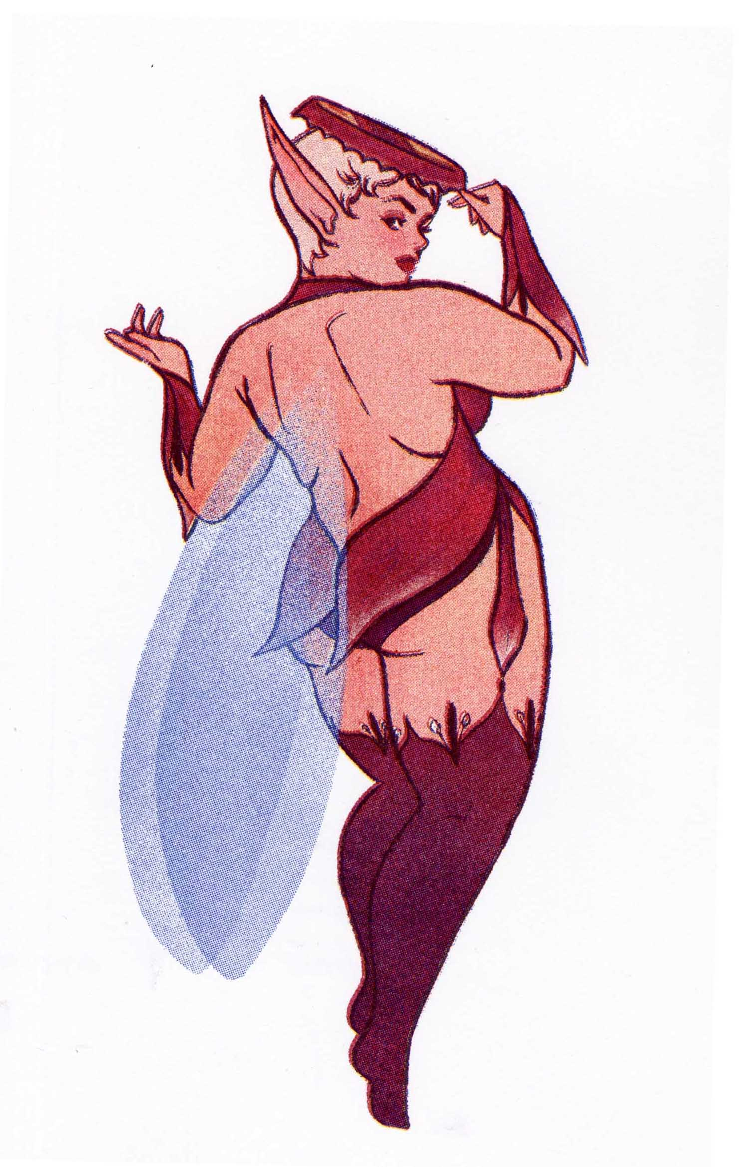 A fairy dress as a showgirl looking over her shoulder as she tips a bottle cap hat on her head
