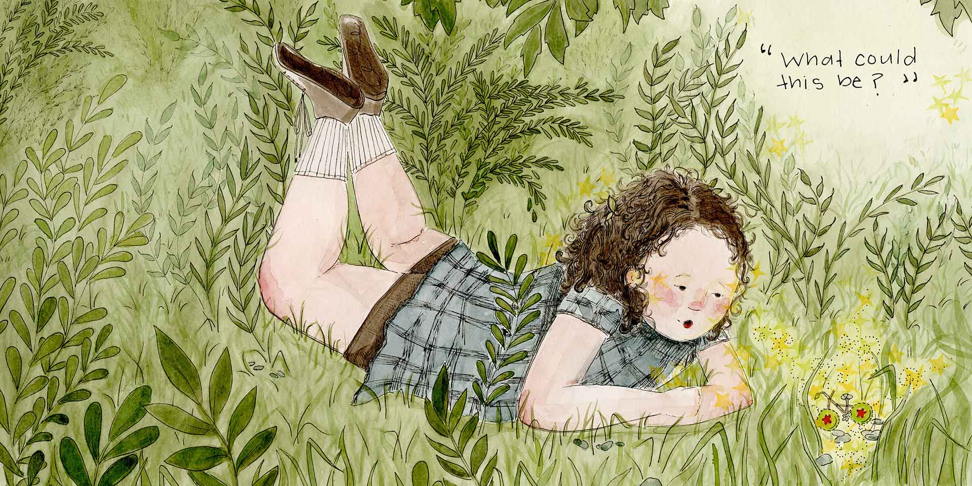 Spread from Outdoors: picture book about a little girl who discovers the magic of nature when she uses her imagination.
