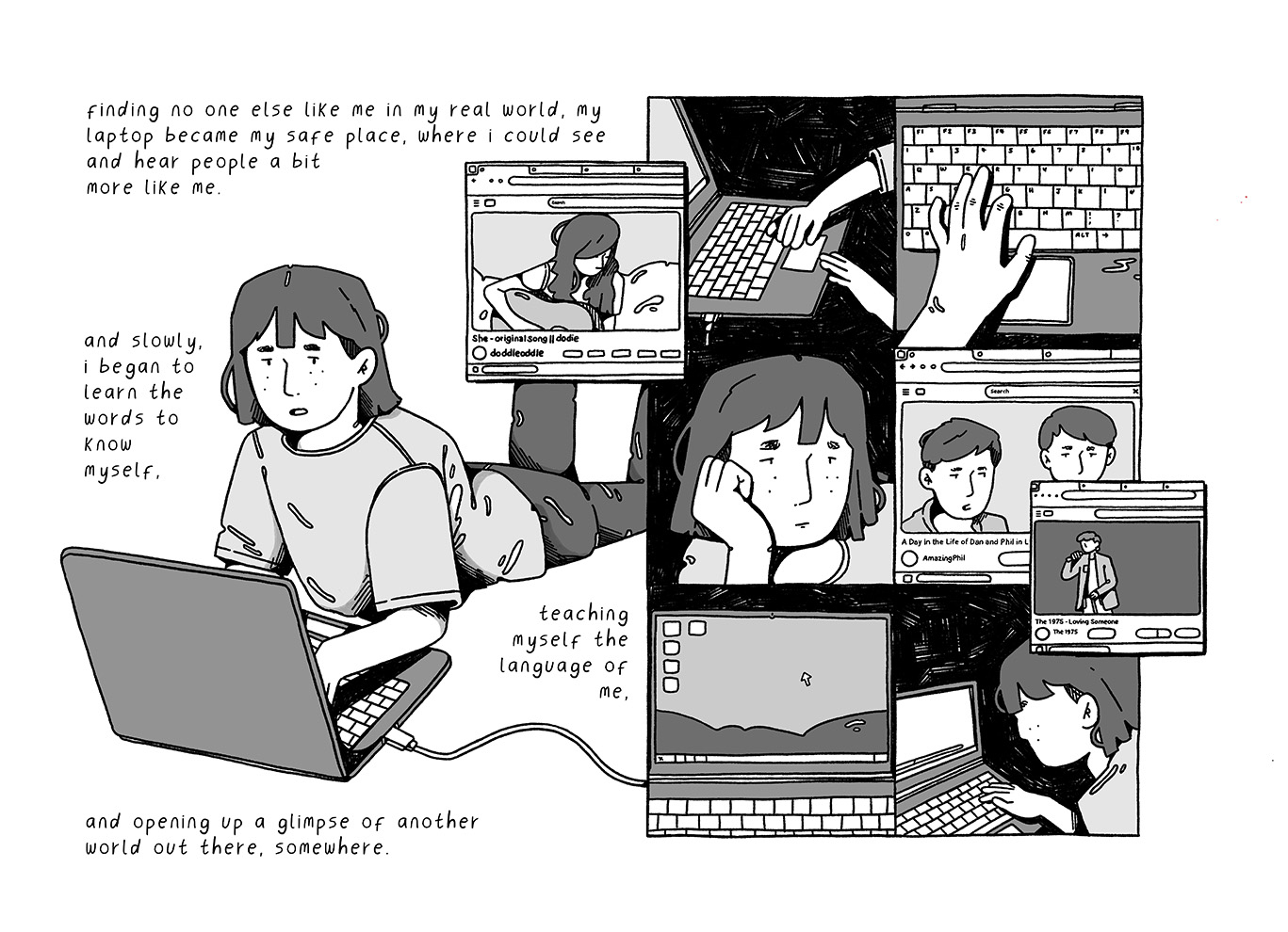 comic page with a child on the left using a laptop and six panels on the right illustrating her using the laptop