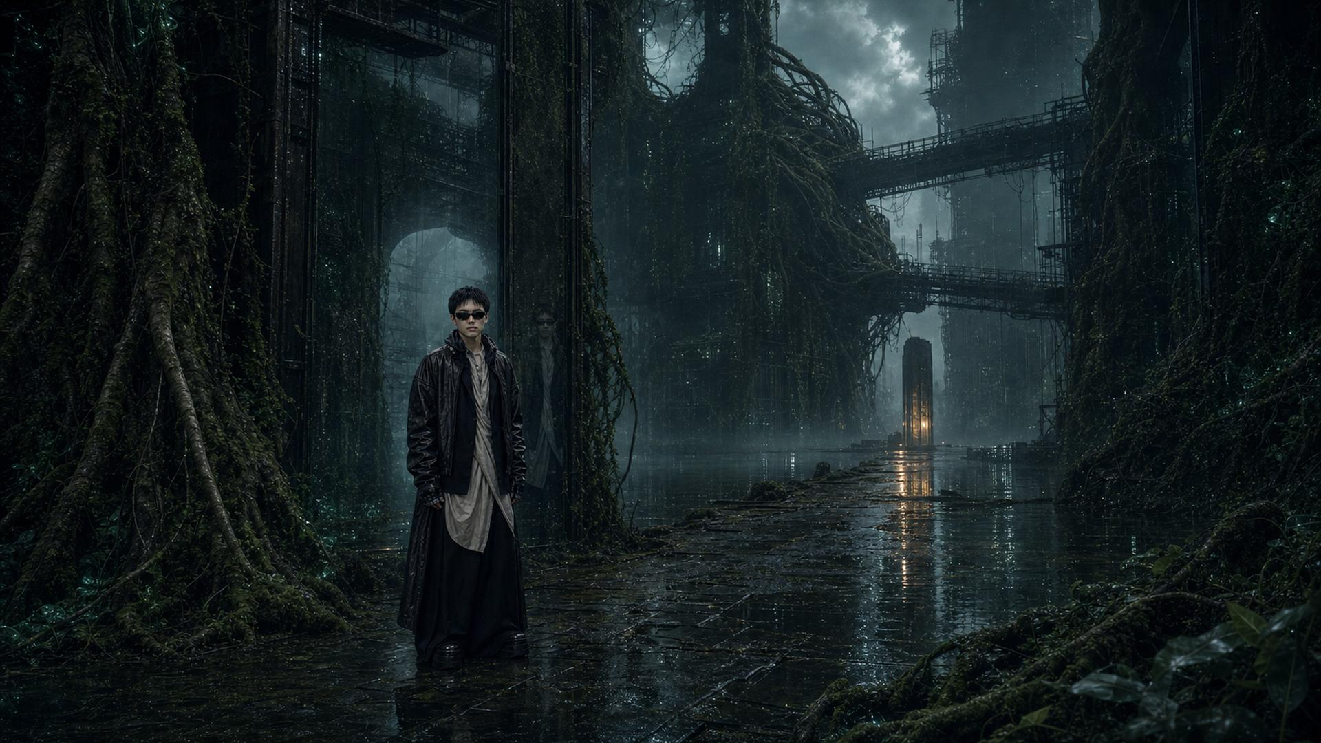 A lone figure in a rain-soaked overgrown futuristic city.