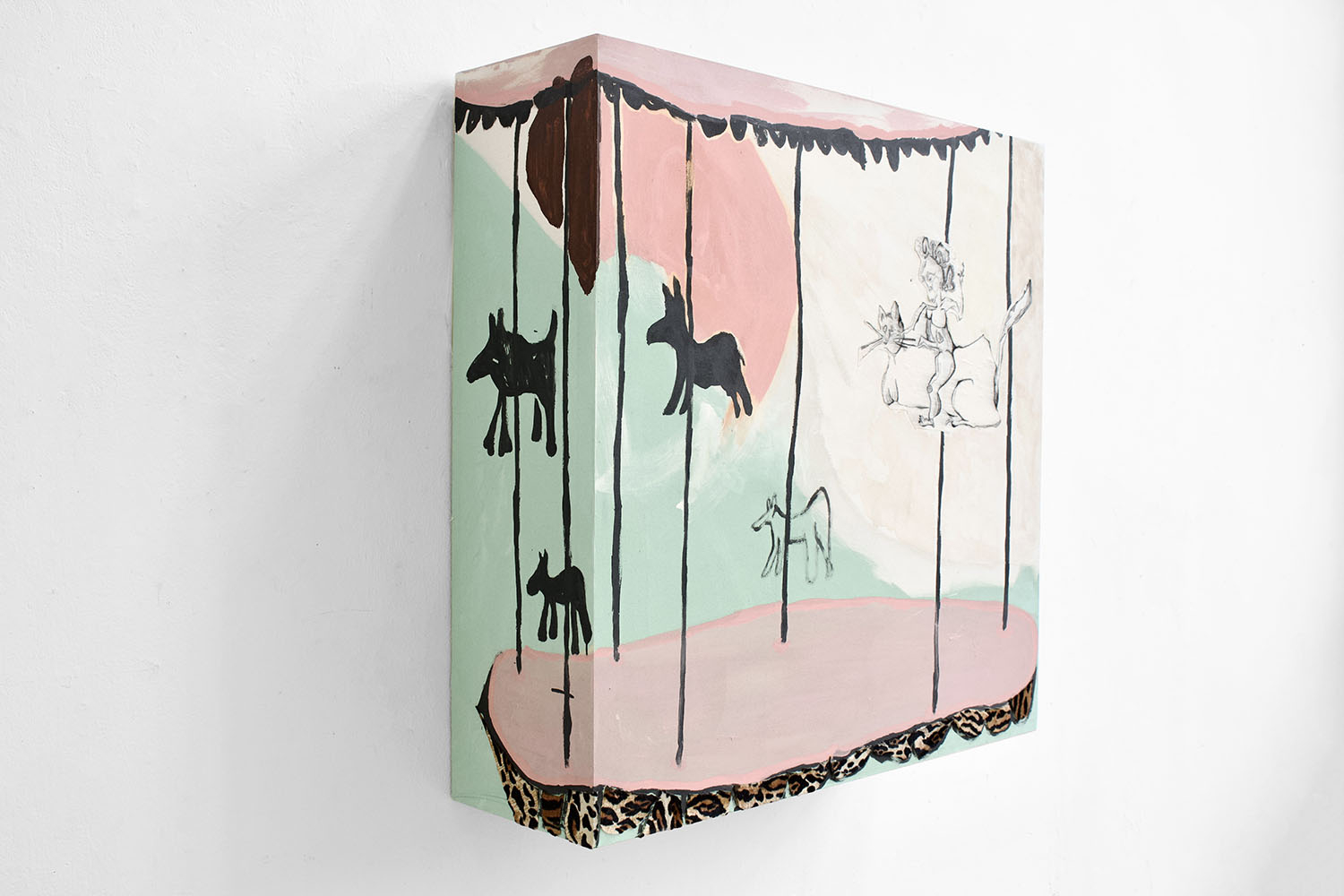 A painting in white, pink and pale green sits on a white wall. It looks like a fairground carousel.